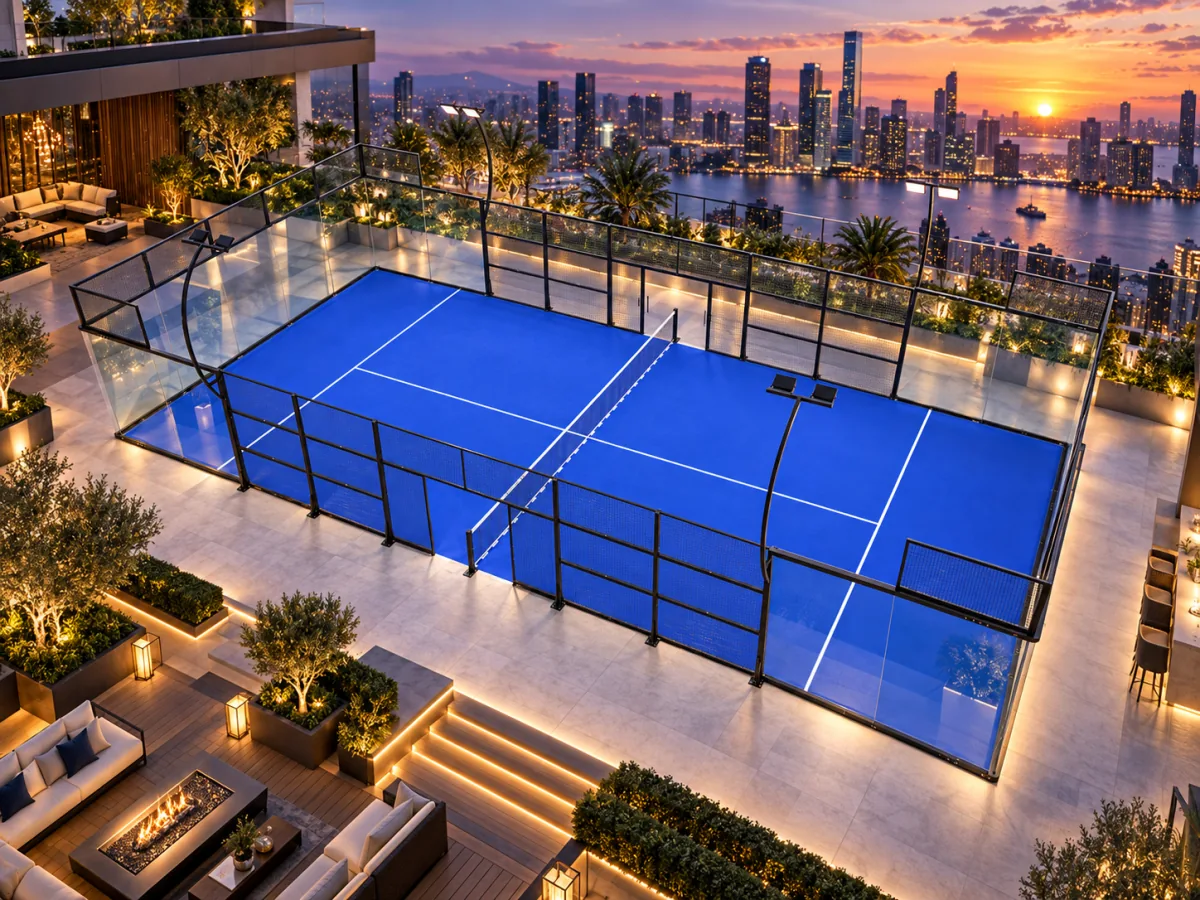 Panoramic padel court with blue turf overlooking a city skyline at sunset