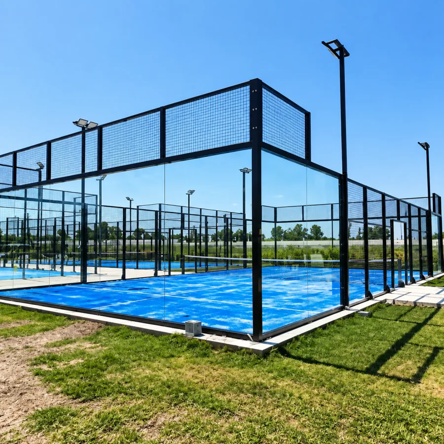 Blue panoramic padel courts at an outdoor sports club