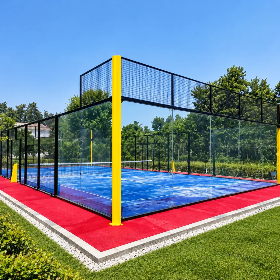 Colorful panoramic padel court with yellow posts and blue turf
