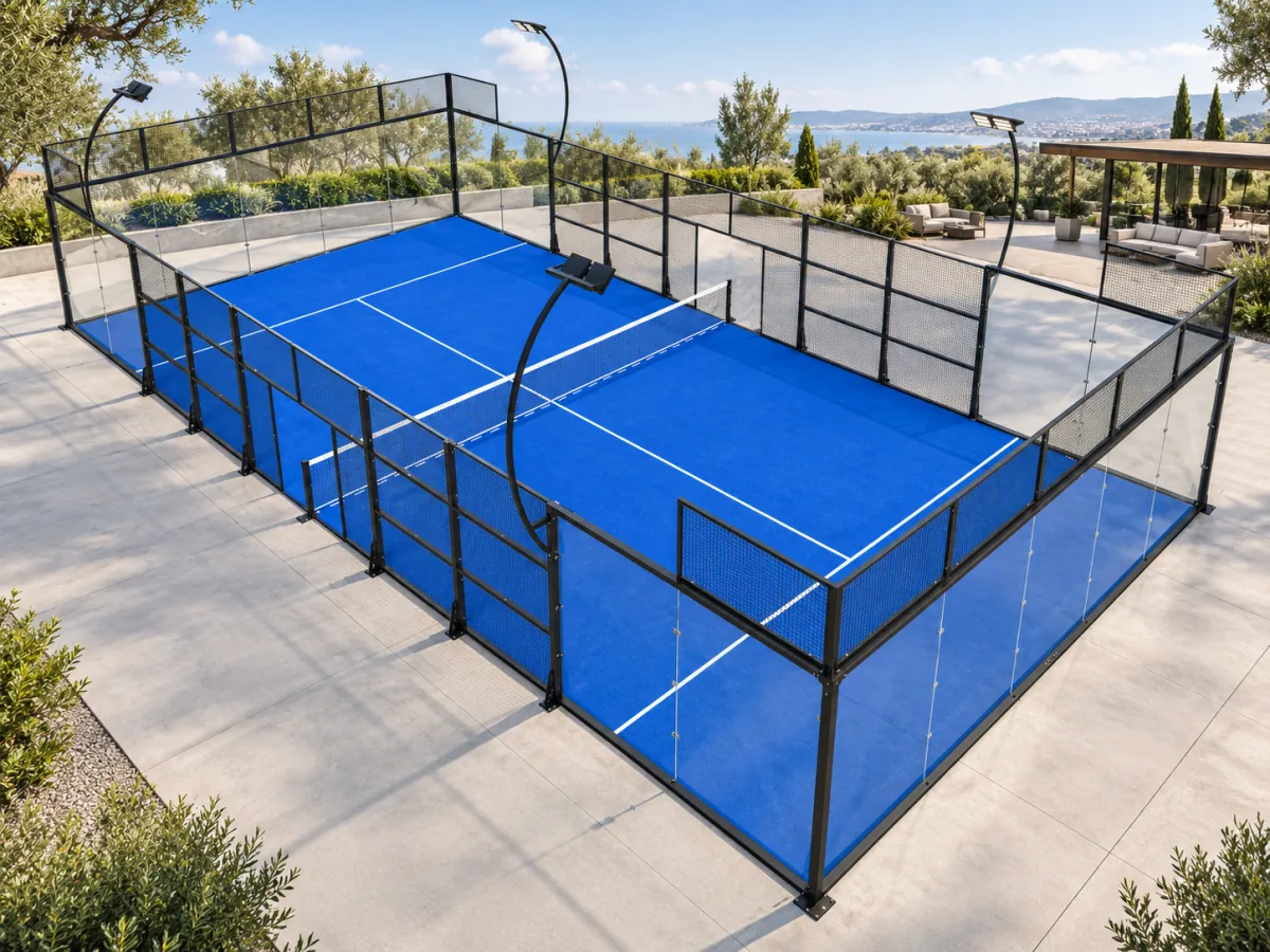 Panoramic padel court with blue turf in a coastal outdoor setting