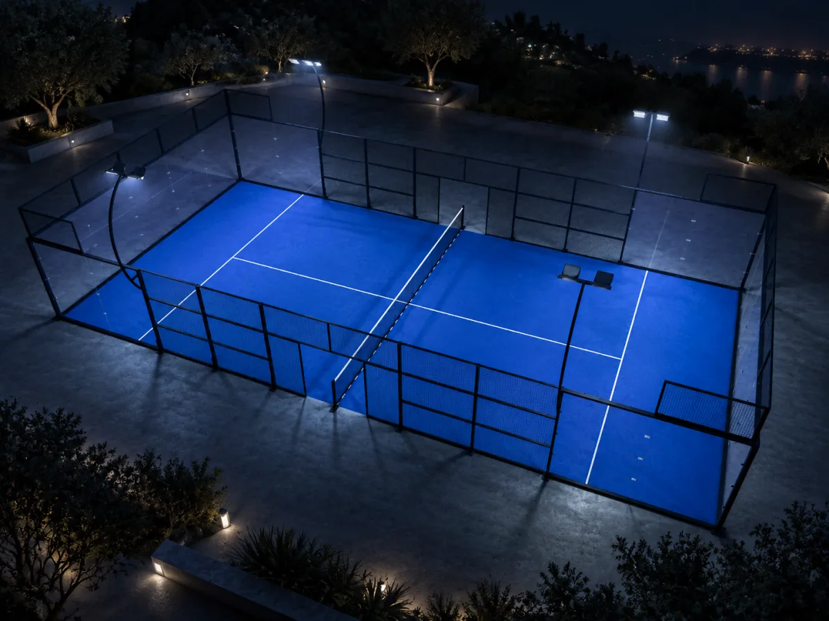 Super panoramic padel court illuminated at night