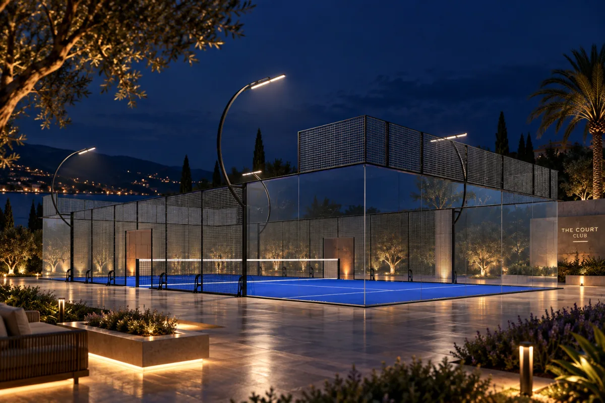 Tournament padel court illuminated at a luxury outdoor club